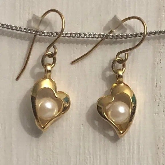 Heart Dangle Earrings with Center Pearl - Picture 1 of 5